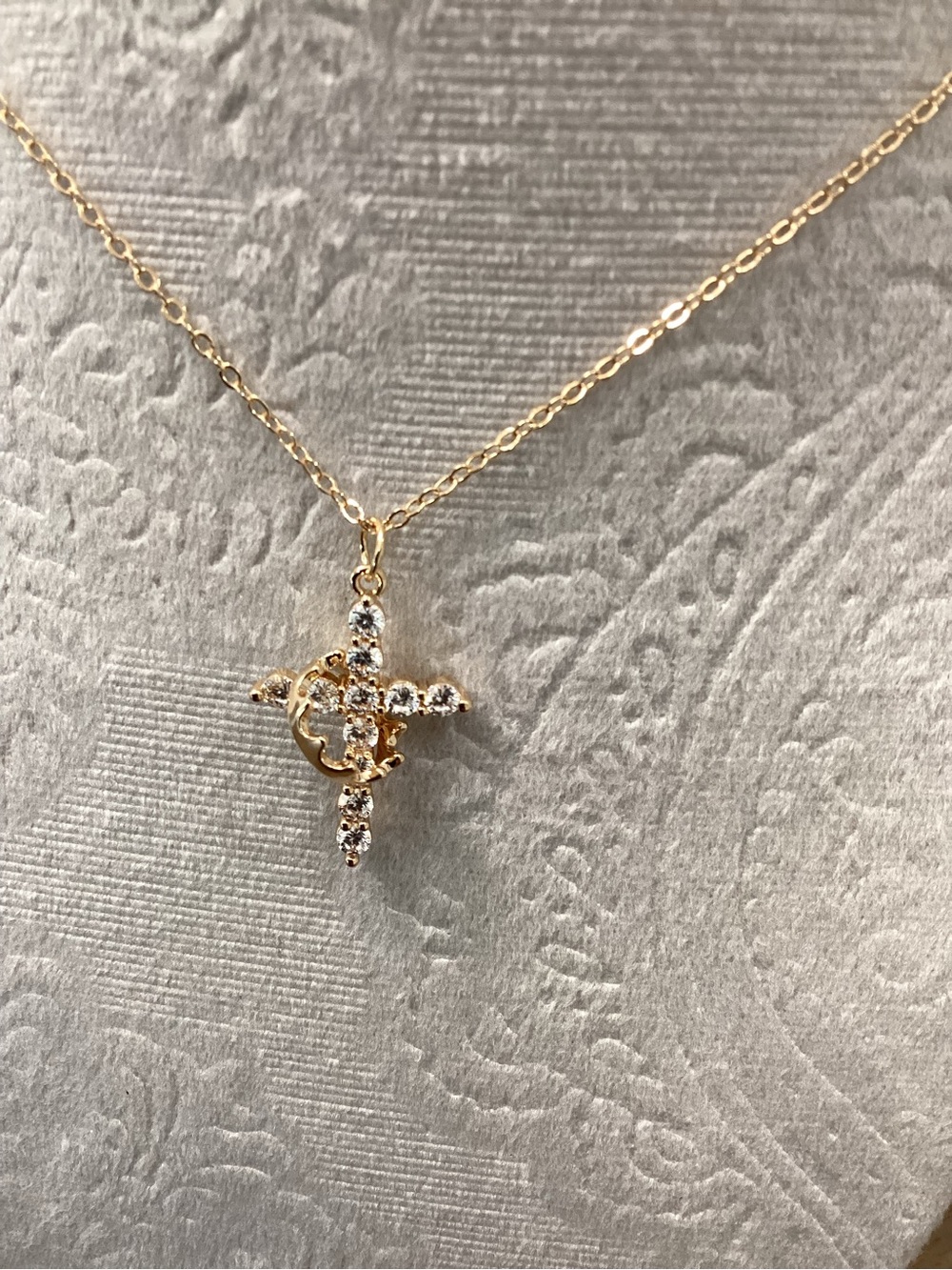 Stainless Steel Gold CZ Cross Pendant Necklace with gold crown